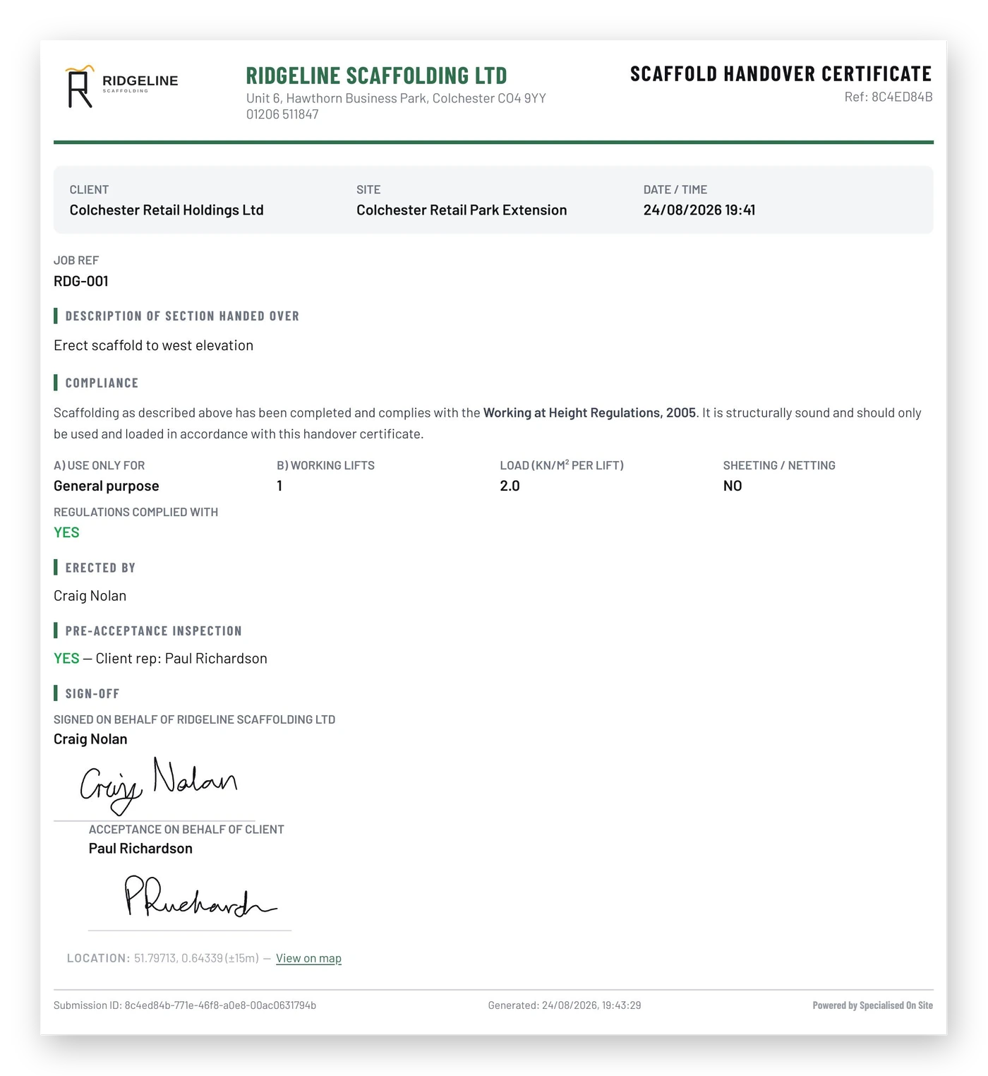 Handover certificate branded for Ridgeline Scaffolding Ltd