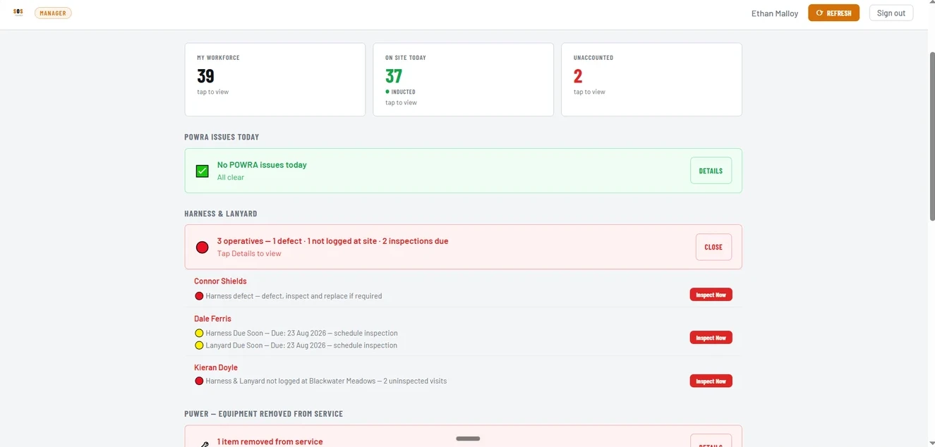 SOS manager dashboard showing live workforce status and compliance flags